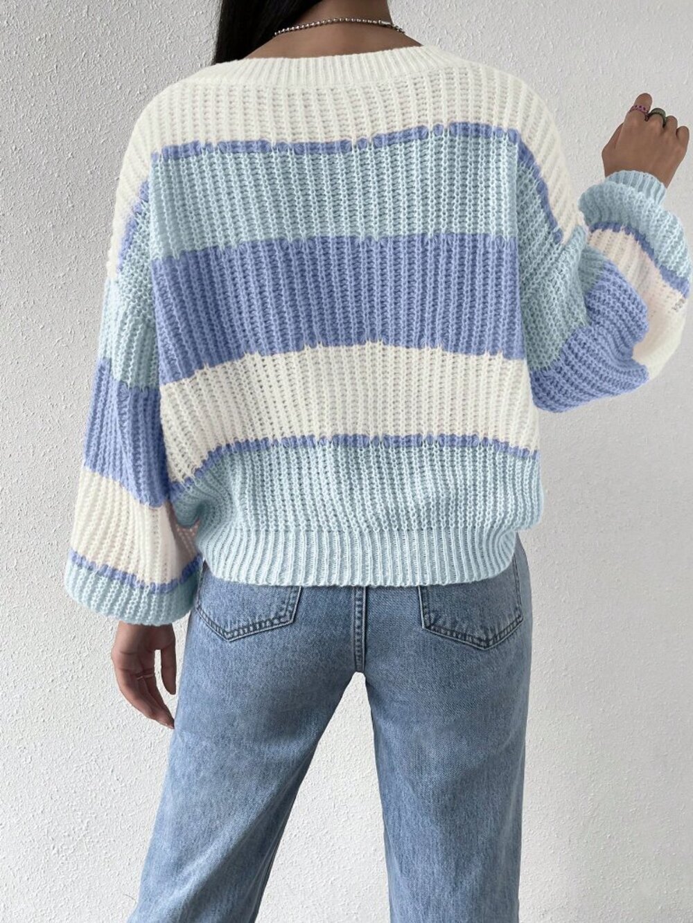Women's Colorblock Rib-Knit Drop Shoulder Sweater - Picture 2 of 9